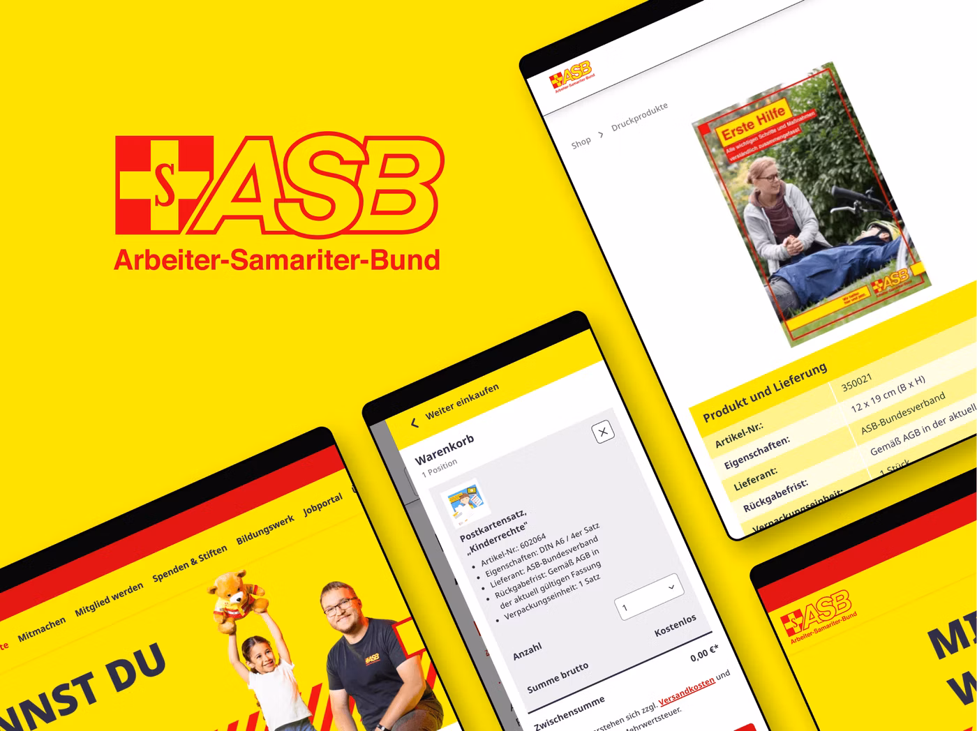 Mockups von Geräten mit der Website unseres Kunden ASB online GmbH auf dem Bildschirm, begleitet vom Firmenlogo des Kunden. Das Bild zeigt die Darstellung der Seiten auf verschiedenen Geräten, wie einem Smartphone, einem Tablet und einem Browserfenster.