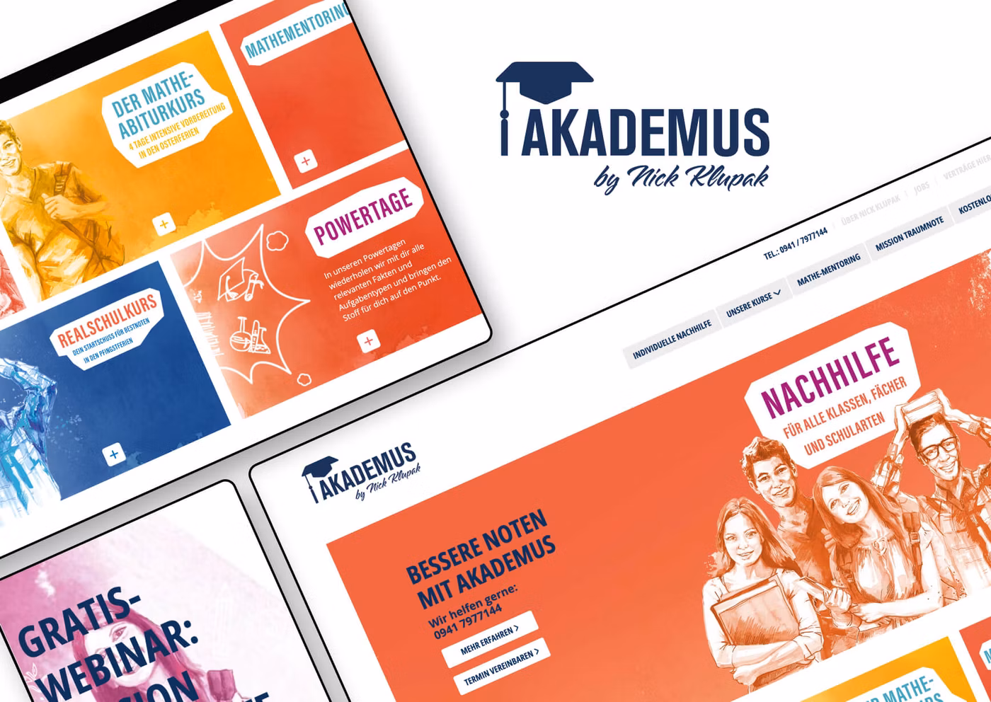 Mockups von Geräten mit der Website unseres Kunden Akademus GmbH auf dem Bildschirm, begleitet vom Firmenlogo des Kunden. Das Bild zeigt die Darstellung der Seiten auf verschiedenen Geräten, wie einem Smartphone, einem Tablet und einem Browserfenster.