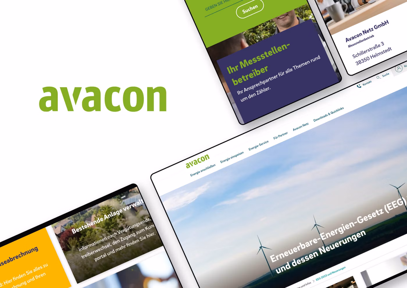 Mockups von Geräten mit der Website unseres Kunden Avacon AG auf dem Bildschirm, begleitet vom Firmenlogo des Kunden. Das Bild zeigt die Darstellung der Seiten auf verschiedenen Geräten, wie einem Smartphone, einem Tablet und einem Browserfenster.