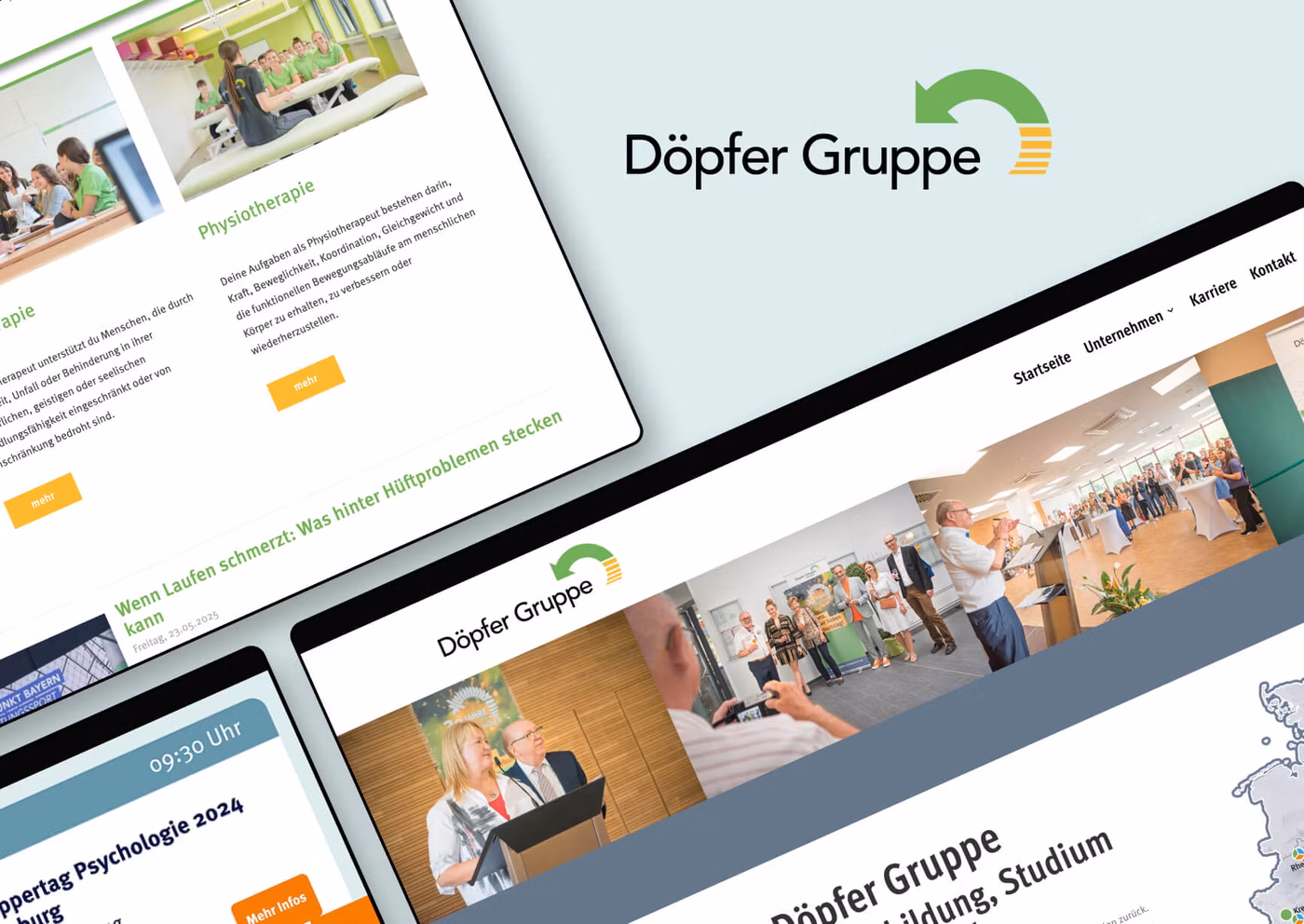 Mockups von Geräten mit der Website unseres Kunden Döpfer Gruppe online GmbH auf dem Bildschirm, begleitet vom Firmenlogo des Kunden. Das Bild zeigt die Darstellung der Seiten auf verschiedenen Geräten, wie einem Smartphone, einem Tablet und einem Browserfenster.