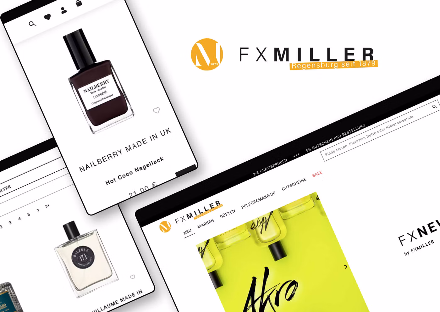 Mockups von Geräten mit der Website unseres Kunden F.X.Miller online GmbH auf dem Bildschirm, begleitet vom Firmenlogo des Kunden. Das Bild zeigt die Darstellung der Seiten auf verschiedenen Geräten, wie einem Smartphone, einem Tablet und einem Browserfenster.