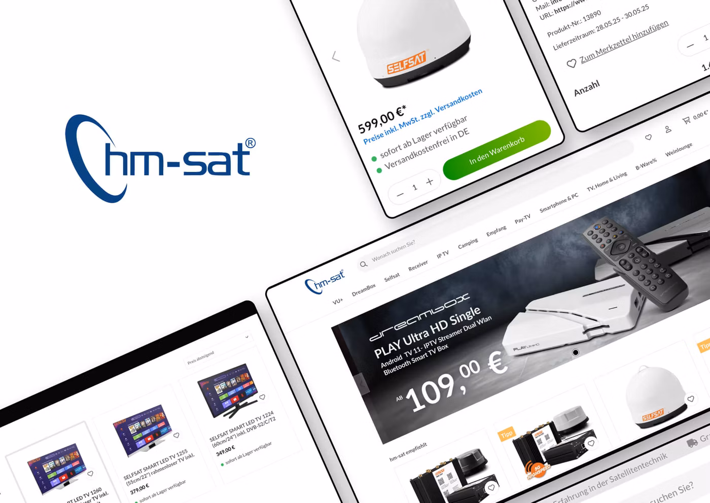Mockups von Geräten mit der Website unseres Kunden HM-Sat GmbH auf dem Bildschirm, begleitet vom Firmenlogo des Kunden. Das Bild zeigt die Darstellung der Seiten auf verschiedenen Geräten, wie einem Smartphone, einem Tablet und einem Browserfenster.