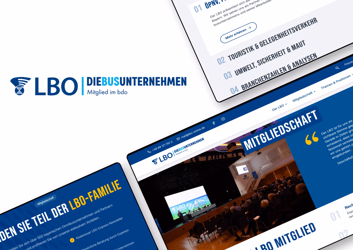 Mockups von Geräten mit der Website unseres Kunden LBO auf dem Bildschirm, begleitet vom Firmenlogo des Kunden. Das Bild zeigt die Darstellung der Seiten auf verschiedenen Geräten, wie einem Smartphone, einem Tablet und einem Browserfenster.