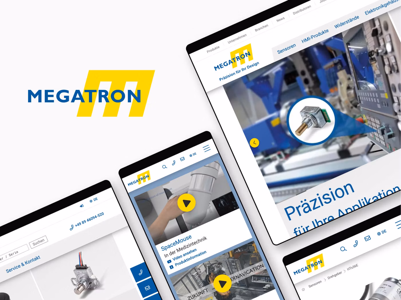 Mockups von Geräten mit der Website unseres Kunden Megatron online GmbH auf dem Bildschirm, begleitet vom Firmenlogo des Kunden. Das Bild zeigt die Darstellung der Seiten auf verschiedenen Geräten, wie einem Smartphone, einem Tablet und einem Browserfenster.