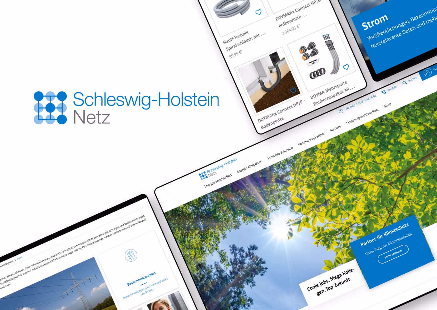 Mockups von Geräten mit der Website unseres Kunden Schleswig-Holstein Netz AG auf dem Bildschirm, begleitet vom Firmenlogo des Kunden. Das Bild zeigt die Darstellung der Seiten auf verschiedenen Geräten, wie einem Smartphone, einem Tablet und einem Browserfenster.