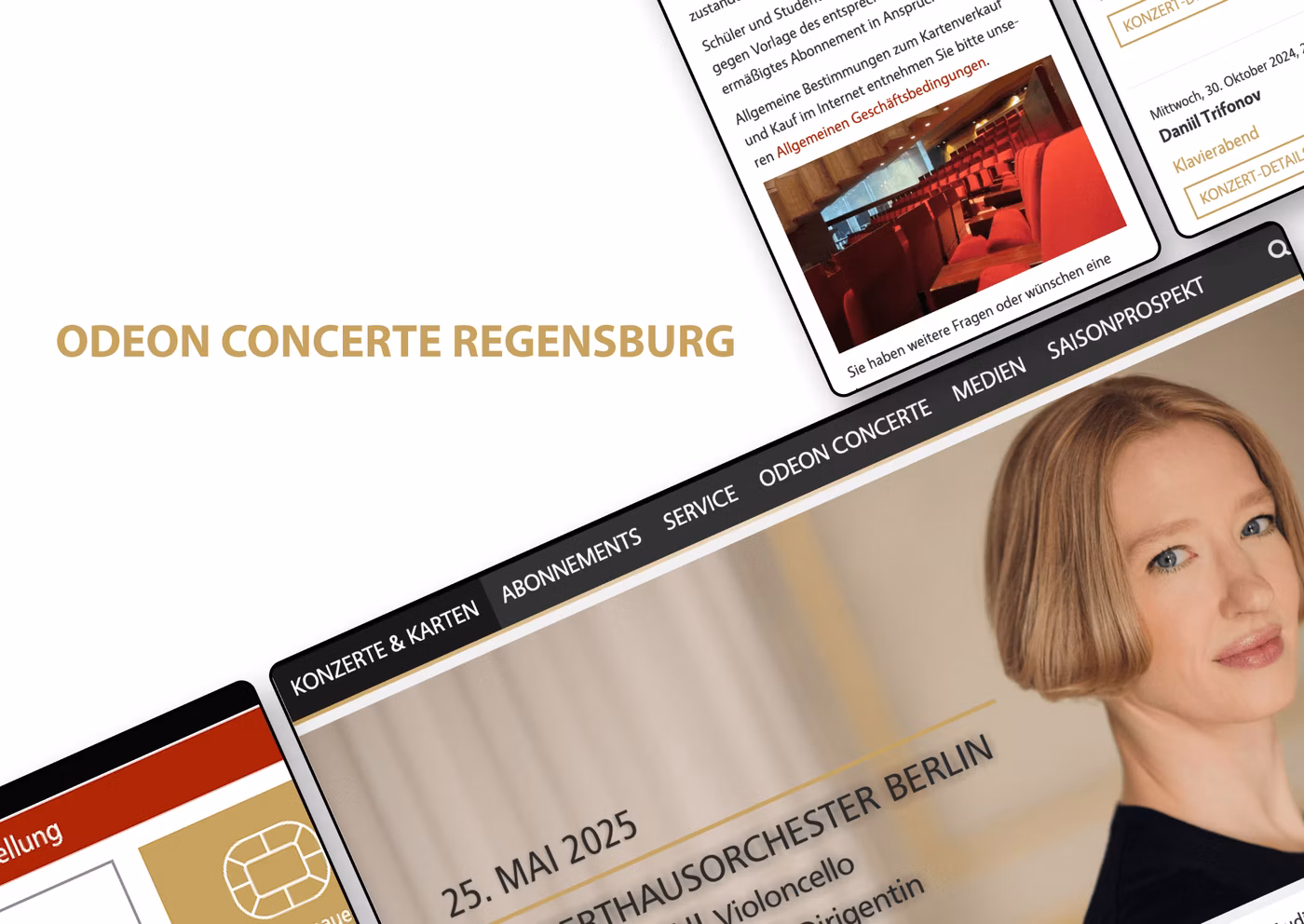 Mockups von Geräten mit der Website unseres Kunden Odeon Concerte online GmbH auf dem Bildschirm, begleitet vom Firmenlogo des Kunden. Das Bild zeigt die Darstellung der Seiten auf verschiedenen Geräten, wie einem Smartphone, einem Tablet und einem Browserfenster.