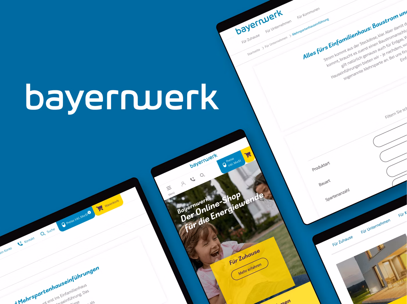 Mockups von Geräten mit der Website unseres Kunden Bayernwerk online GmbH auf dem Bildschirm, begleitet vom Firmenlogo des Kunden. Das Bild zeigt die Darstellung der Seiten auf verschiedenen Geräten, wie einem Smartphone, einem Tablet und einem Browserfenster.