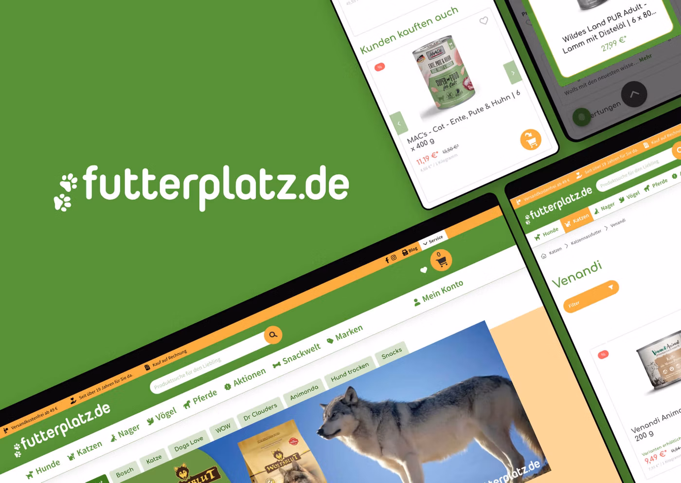 Mockups von Geräten mit der Website unseres Kunden futterplatz online GmbH auf dem Bildschirm, begleitet vom Firmenlogo des Kunden. Das Bild zeigt die Darstellung der Seiten auf verschiedenen Geräten, wie einem Smartphone, einem Tablet und einem Browserfenster.